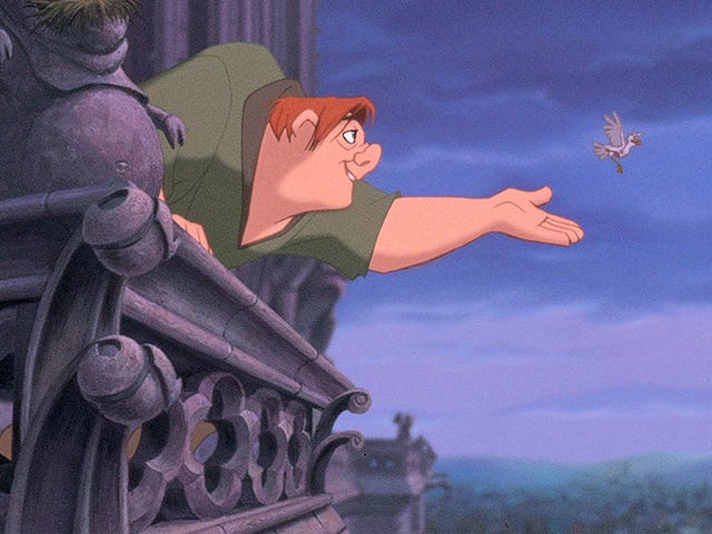 Quasimodo helps a bird to fly.