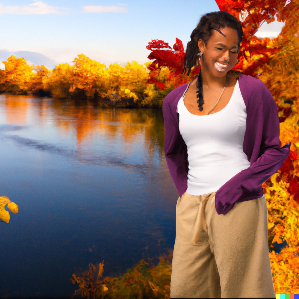 AI-generated image of a grateful Black woman in a vibrant autumn waterfront scene