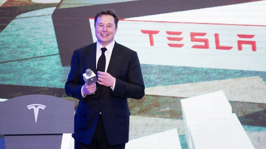 Tesla CEO Elon Musk attends an opening ceremony for Tesla China-made Model Y program in Shanghai, east China, Jan. 7, 2020.