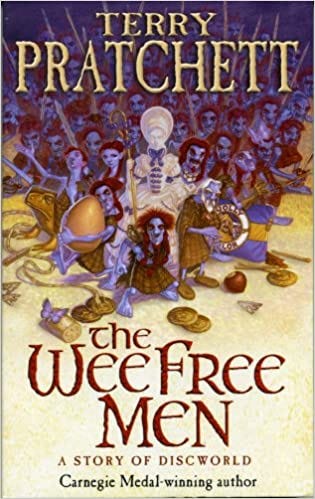 A book cover for Terry Pratchett's The Wee Free Men: A Story of Discworld, with a crowd of small blue men with red hair, some of them carrying weapons and other items