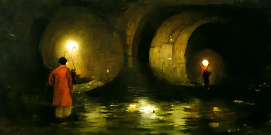 man walking through a sewer