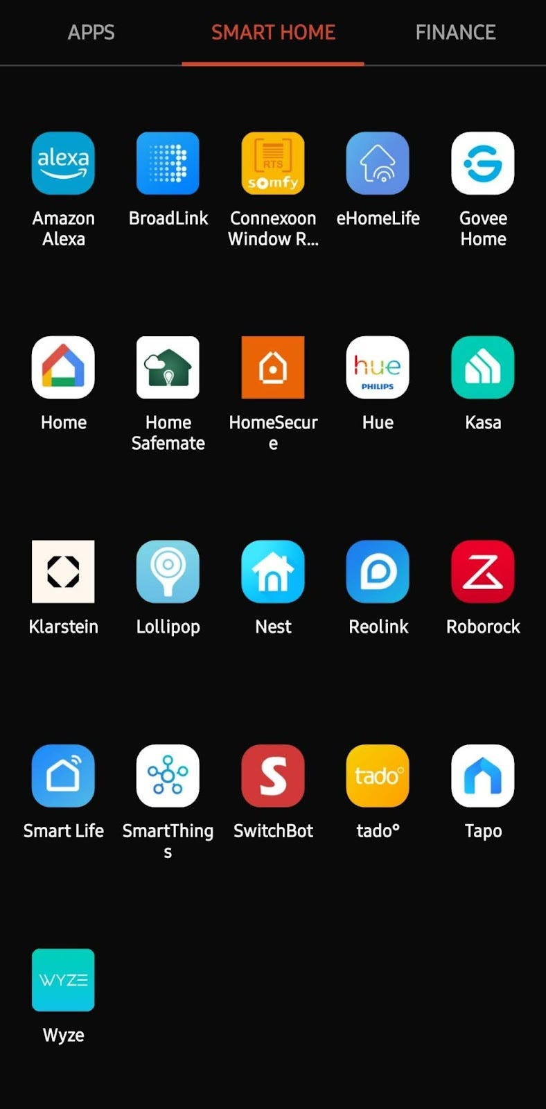 App drawer on a smartphone screen having smart home related apps
