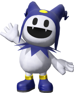 Jack Frost, Atlus' mascot, waving hello with his smile that looks just like that of Bonk's Smileys, teeth and all
