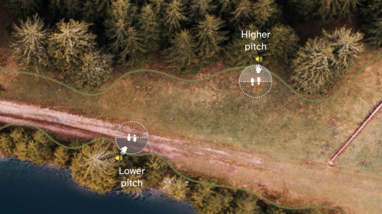 Top–down view of woods showing a player's hand reaching a curved line that indicates the boundary of the woods. High pitch above and low pitch below player.