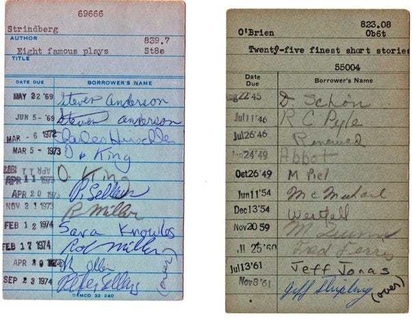What's the name of the card found within the covers of library books? They  usually contain the students' names that borrowed them, as well as the date  issued, and the deadline. -