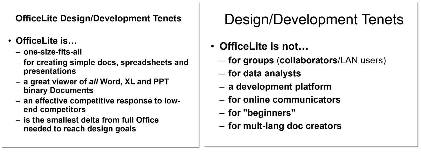 OfficeLite Design/Development Tenets • OfficeLite is.. one-size-fits-all for creating simple docs, spreadsheets and presentations a great viewer of all Word, XL and PPT binary Documents an effective competitive response to low- end competitors is the smallest delta from full Office needed to reach design goals SECOND SLIDE: Design/Development Tenets • OfficeLite is not.. for groups (collaborators/LAN users) for data analysts a development platform for online communicators - for "beginners" for mult-lang doc creators