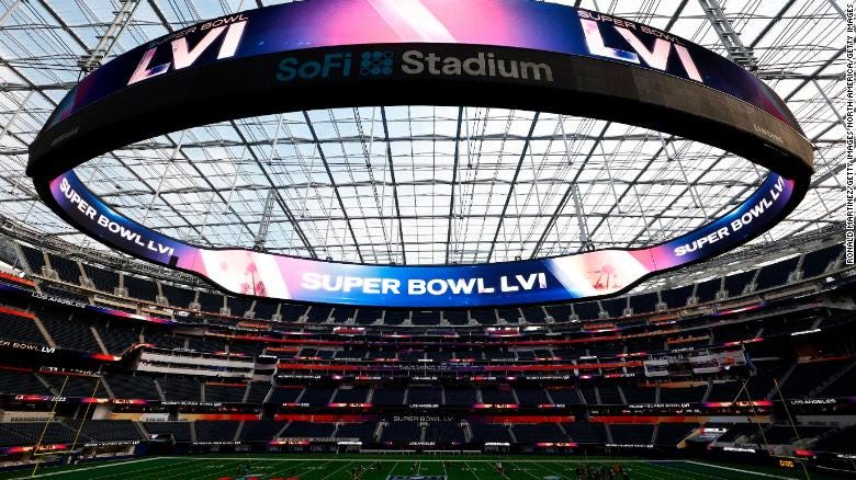 A view of SoFi Stadium as workers prepare for Super Bowl LVI on February 01, 2022 in Inglewood, California.