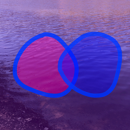 Rainbow Squared Year 5 Piece Twenty-Two: 40. Purple Blue. A looping animation with a background of a lake lapping on a shore back and forth with a purple transparency overlaid. On top of that is a digitally hand drawn Venn diagram with blue outlines and the left half magenta, the right half blue, and the middle purple, using the colors of the bisexual pride flag. The circles are twisting slowly.