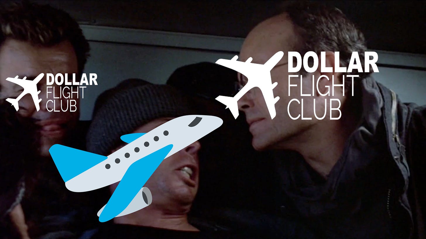 A still from Robocop, with two men standing on either side of another man in distress, with an Airplane emoji superimposed over his face, while the Dollar Flight Club logo is superimposed over the other mens' faces