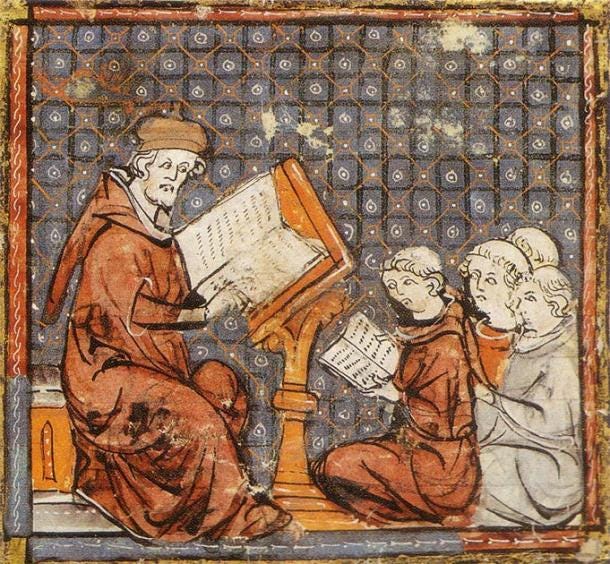 Representation of children studying philosophy with a monk in monastery during medieval times. (Public domain)
