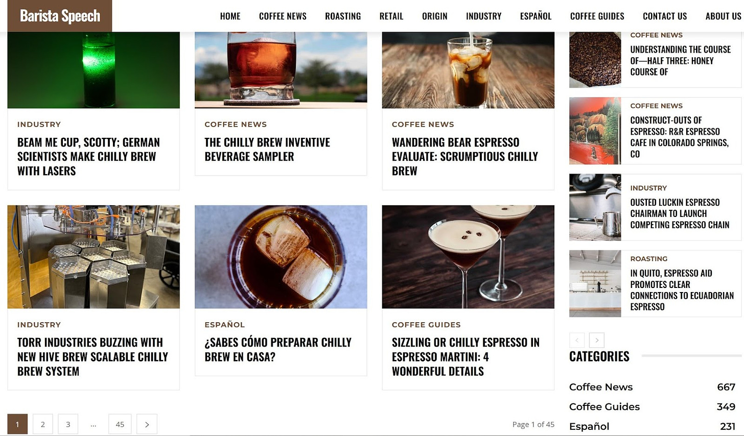 Screenshot of Barista Speech’s “chilly brew” category, featuring many more copied articles