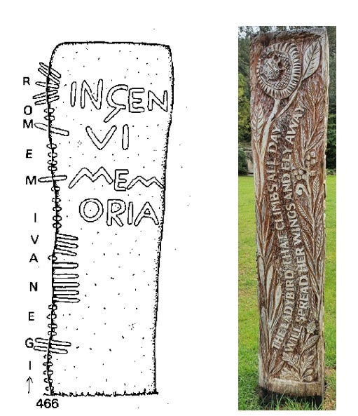 On the left is a photo of the ogham inscription on an early medieval carved stone at Lewannick, Cornwall, reading 'IGENAVI MEMOR', which is next to an inscription in the Roman alphabet reading 'INGENVI MEMORIA'. On the right is a photo of the Penryn Pillar inscription reading 'THE LADYBIRD THAT CLIMBS ALL DAY WILL SPREAD HER WINGS AND FLY AWAY'.