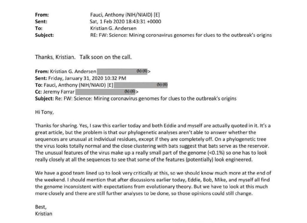 Fauci's email with Kristian Andersen and Sir Jeremy Farrar.