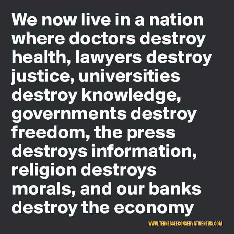 May be an image of text that says 'We now live in a nation where doctors destroy health, lawyers destroy justice, universities destroy knowledge, governments destroy freedom, the press destroys information, religion destroys morals, and our banks destroy the economy WWW.TENNESECOSENVATIVENEWS.OM'