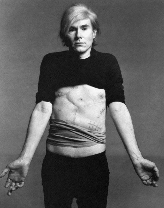 maxim on Twitter: "Andy Warhol (1928-1987) showing the scars from the  assassination attempt by feminist writer Valerie Solanas. The shooting had  a profound effect on Warhol's personality and art during the last