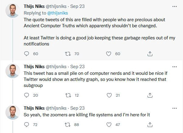Three of the tweets from Thijs Niks thread. He refers to ‘garbage replies’, and a ‘pile on of computer nerds’. Not exactly reasoned argument. I know, I know, pot, kettle…