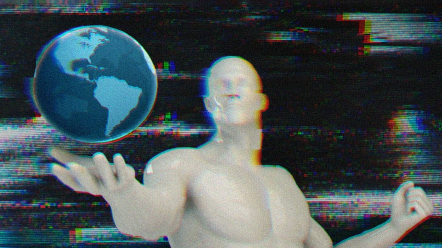 Rendering of a man with his fist clenched holding a globe, symbolizing power.
