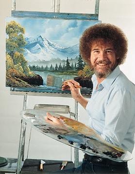 Photo of Bob Ross at easel By Source, Fair use, https://en.wikipedia.org/w/index.php?curid=1632503
