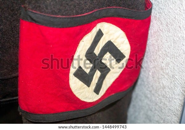 Riverside, California/United States - 06/05/2019: A vintage Nazi flag patch on a German officer uniform, on display at the March Field Air Museum