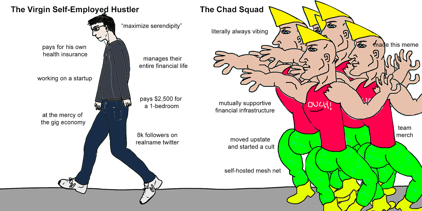 Meme of the virgin self-employed hustler vs. the chad squad