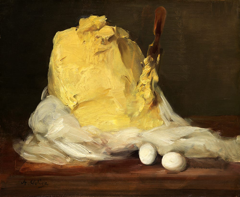 19th Century painting of a huge mound of butter with a knife sticking out and two eggs