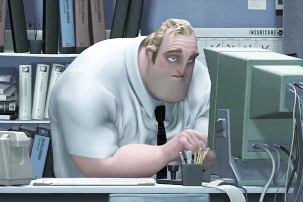 In this scene of The Incredibles (2004) Bob par (Mr.incredible) is  unmotivated and depressed due to work related stress. : r/shittymoviedetails