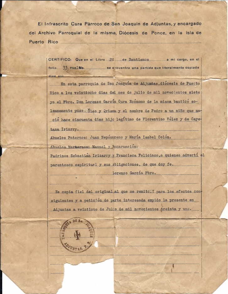 Baptismal Certificate of Pedro Vélez Irizarry