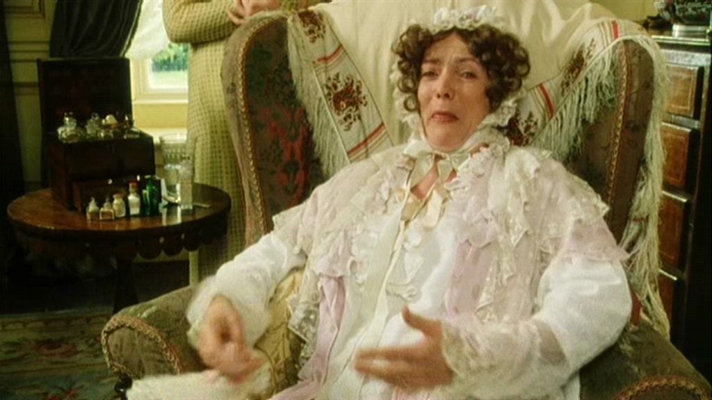 Mrs. Bennet fretting over her poor nerves in the 1995 TV adaptation. 