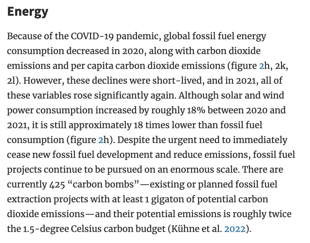 EnergyBecause of the COVID-19 pandemic, global fossil fuel energy consumption decreased in 2020, along with carbon dioxide emissions and per capita carbon dioxide emissions (figure 2h, 2k, 2l). However, these declines were short-lived, and in 2021, all of these variables rose significantly again. A