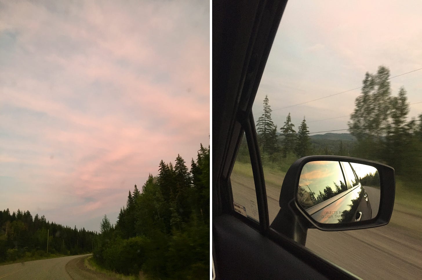 Left image: a curve in an empty road, heavily lined with trees on both sides. The sky is cotton candy pink and blue in the sunset. Right image: out the passenger side window, the sunset and trees are visible in the side mirror. The road flies by in the background.