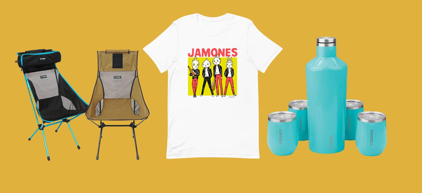 lawn chairs, a Jamones tshirt, and some insulated drinkware