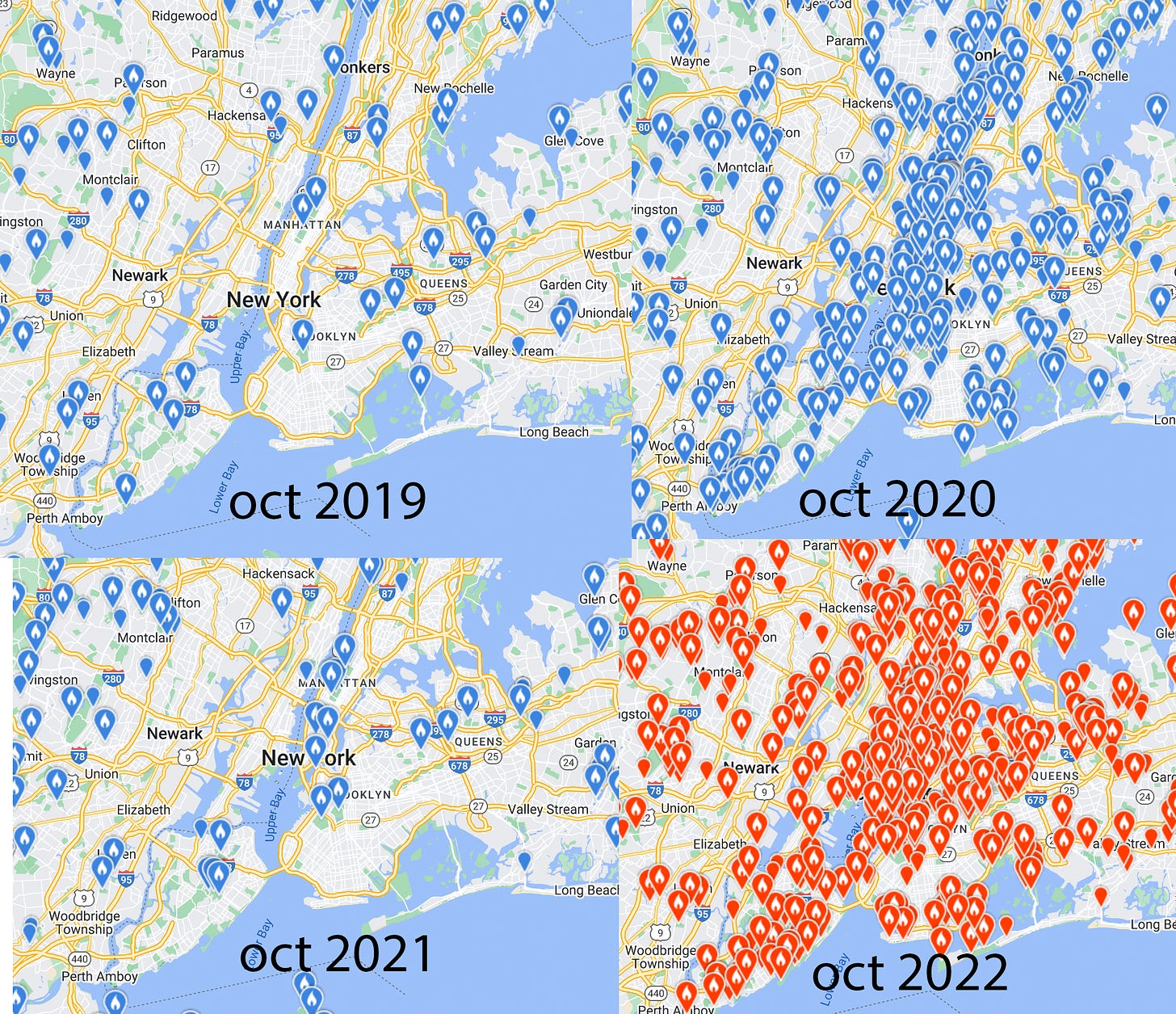 four screenshots of nyc maps with blue location markers on them. each marker represents the presence of a tufted titmouse at a location. the four maps are labeled "oct 2019, oct 2020, oct 2021, oct 2022" respectively. the oct 2019 and oct 2021 maps show few blue markers in the nyc limits. the oct 2020 and oct 2022 maps show many markers in the nyc limits. the markers on the 2022 map are in red, denoting many birds.
