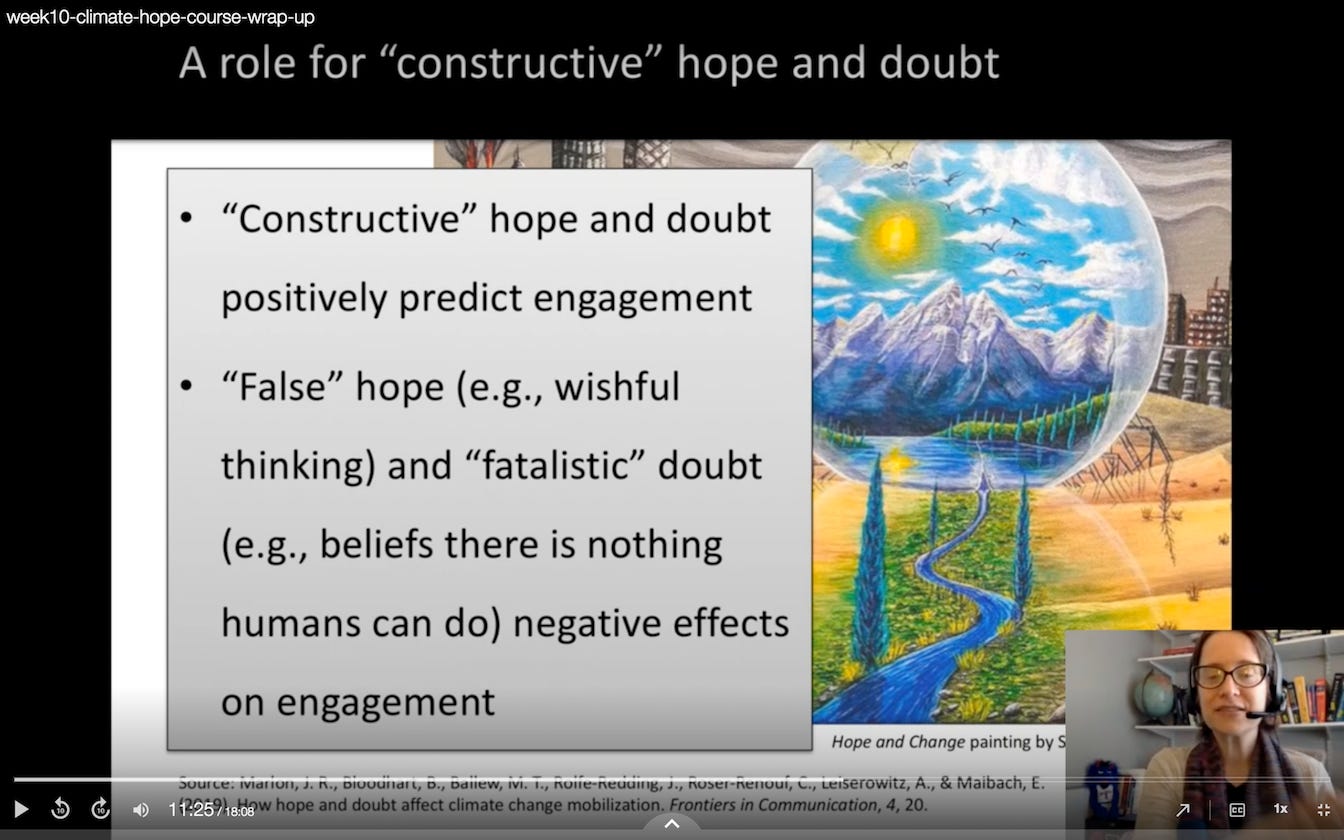 Example climate communications lecture screenshot of "A role for 'constructive' hope and doubt.