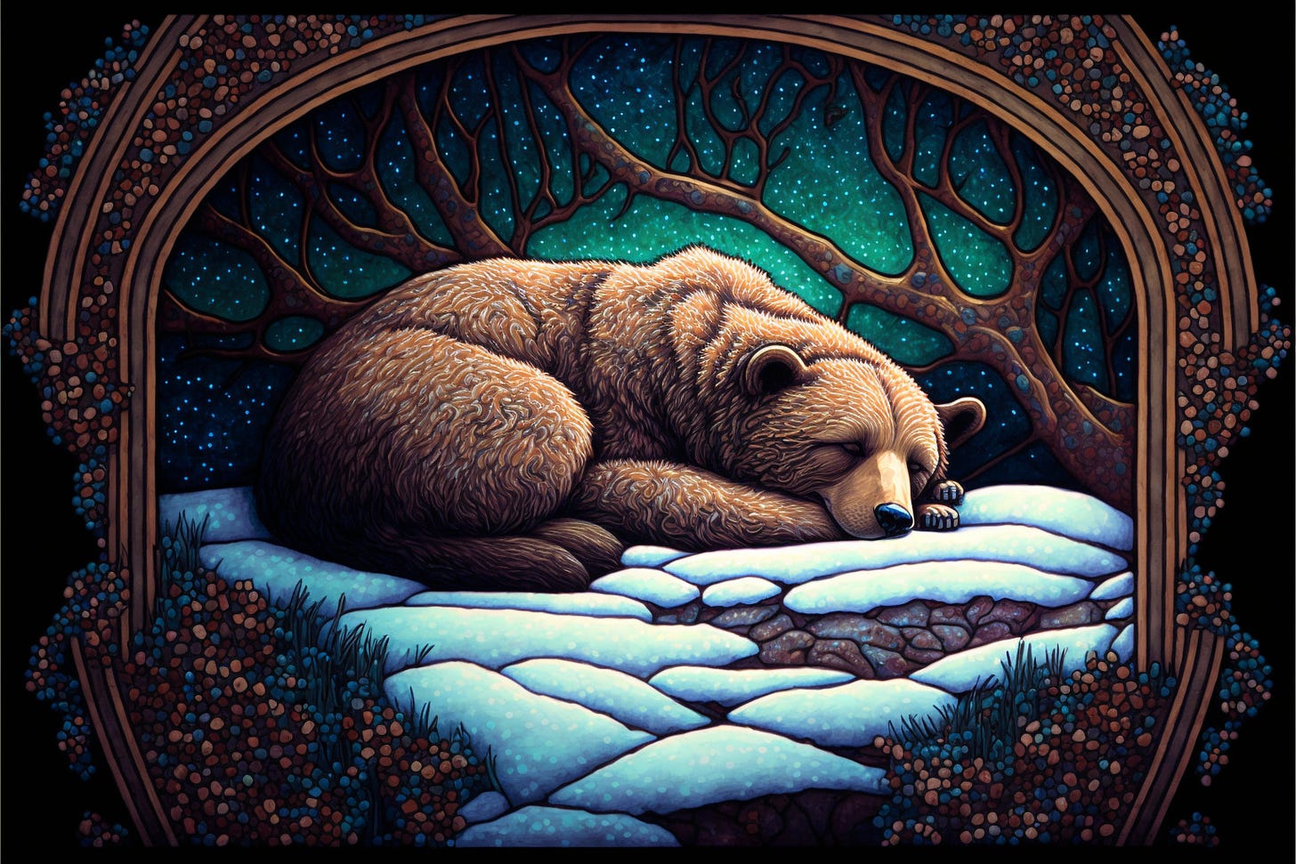 happy bear sleeping through the winter, art nouveau