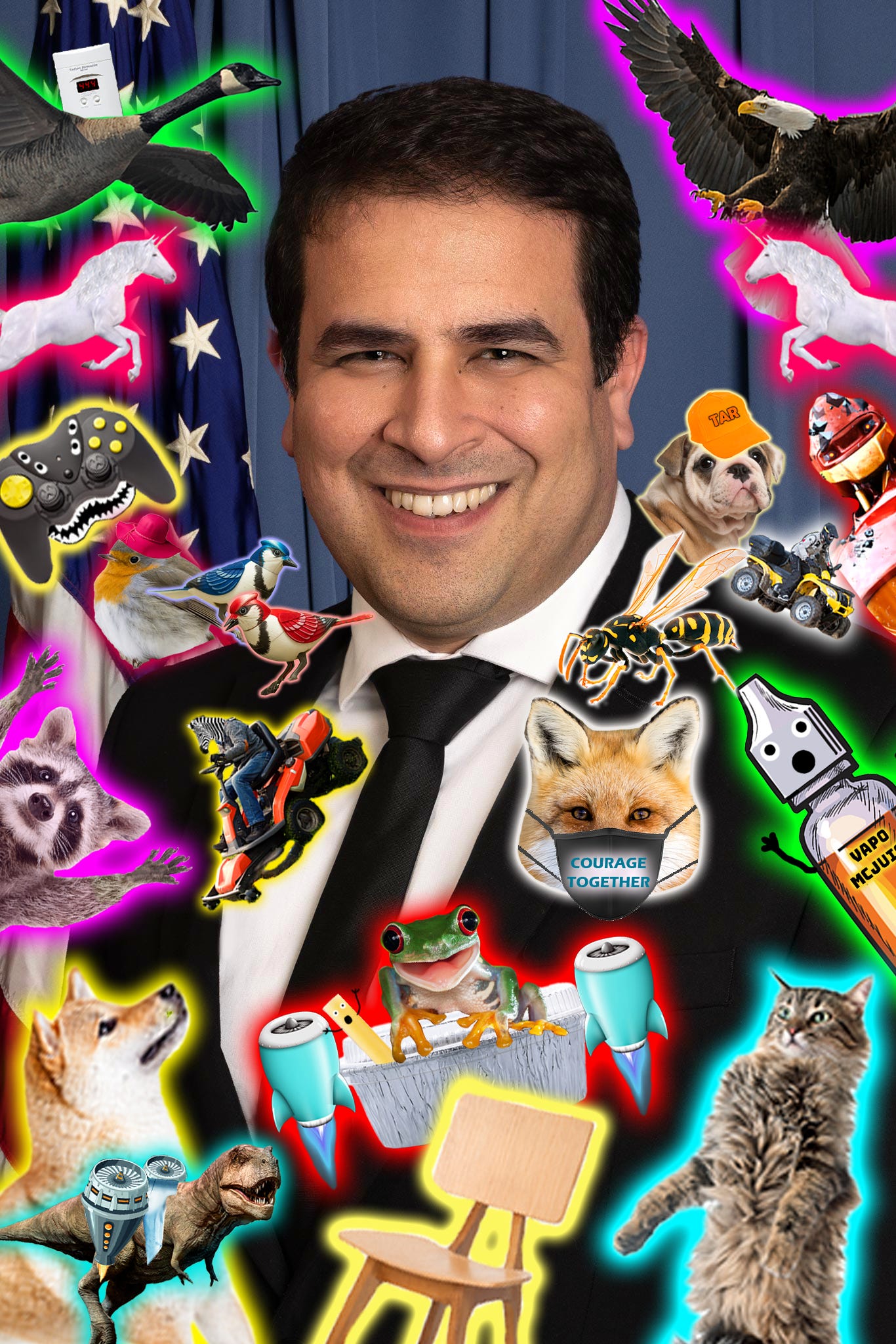 Photo of USCPSC social media specialist Joseph Galbo surrounded by photoshopped characters like a unicorn, raccoon, birds, and more meant to represent the characters he creates for the social accounts.