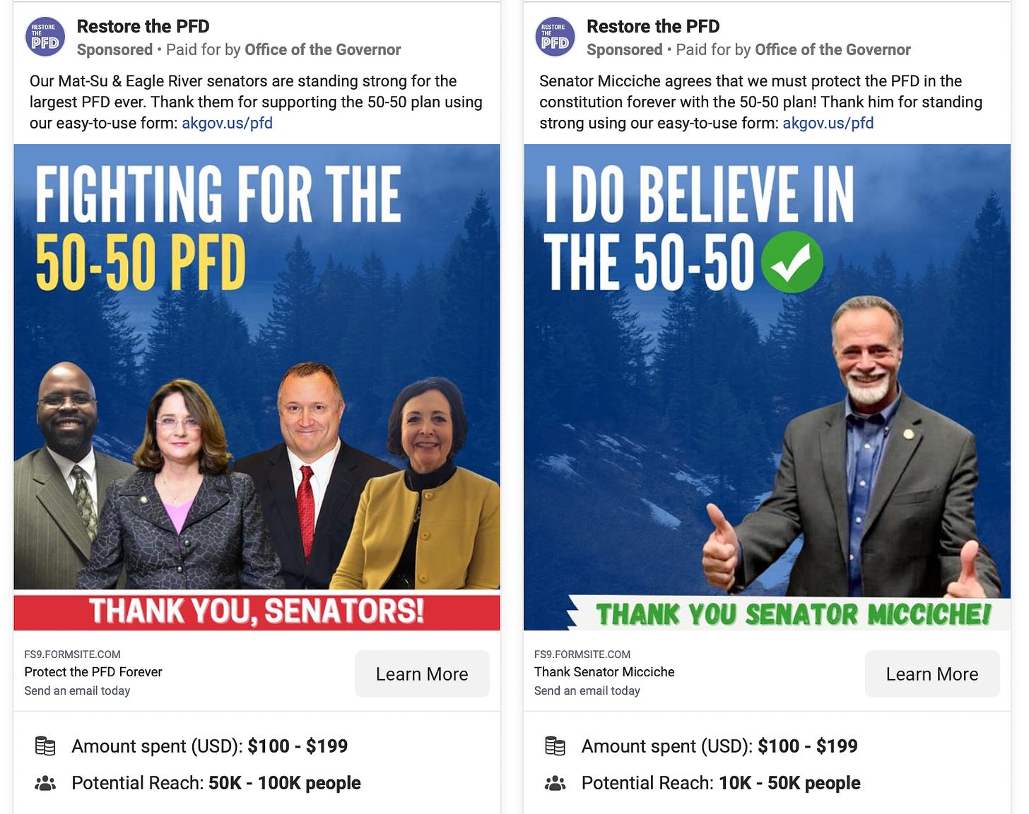 Screen shot of two political ads posted from Facebook's ads library that show ads thanking Republican senators for supporting the governor's dividend plan.