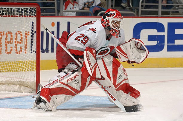 Goaltender Martin Gerber of the Carolina Hurricanes defends his net against the Washington Capitals at MCI Center on January 21, 2006 in Washington,...