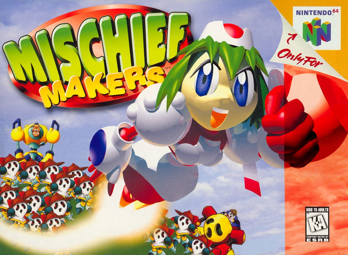 The box art for Mischief Makers, featuring the robotic maid, Marina flying through the air and into the foreground.