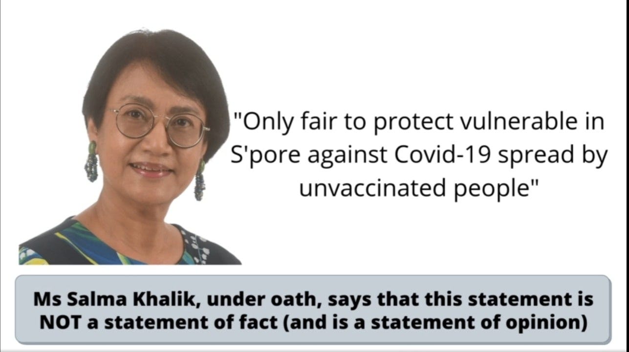 May be an image of 1 person and text that says ""Only fair to protect vulnerable in S'pore against Covid-19 spread by unvaccinated people" Ms Salma Khalik, under oath, says that this statement is NOT a statement of fact (and is a statement of opinion)"