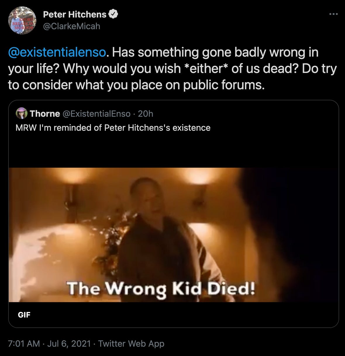 Tweet from Peter Hitchens stating: @existentialenso . Has something gone badly wrong in your life? Why would you wish *either* of us dead? Do try to consider what you place on public forums.