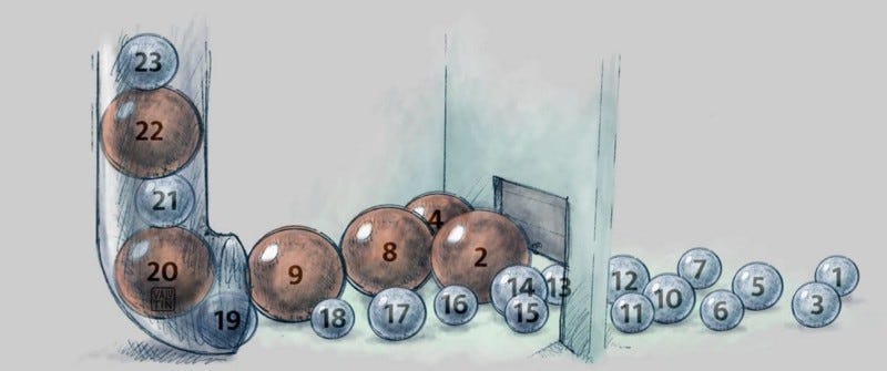 An image of numbered marbles entering a door. Larger marbles cannot pass, while smaller marbles are able to get through. Illustration by Valentin Besson. https://valutin.com/