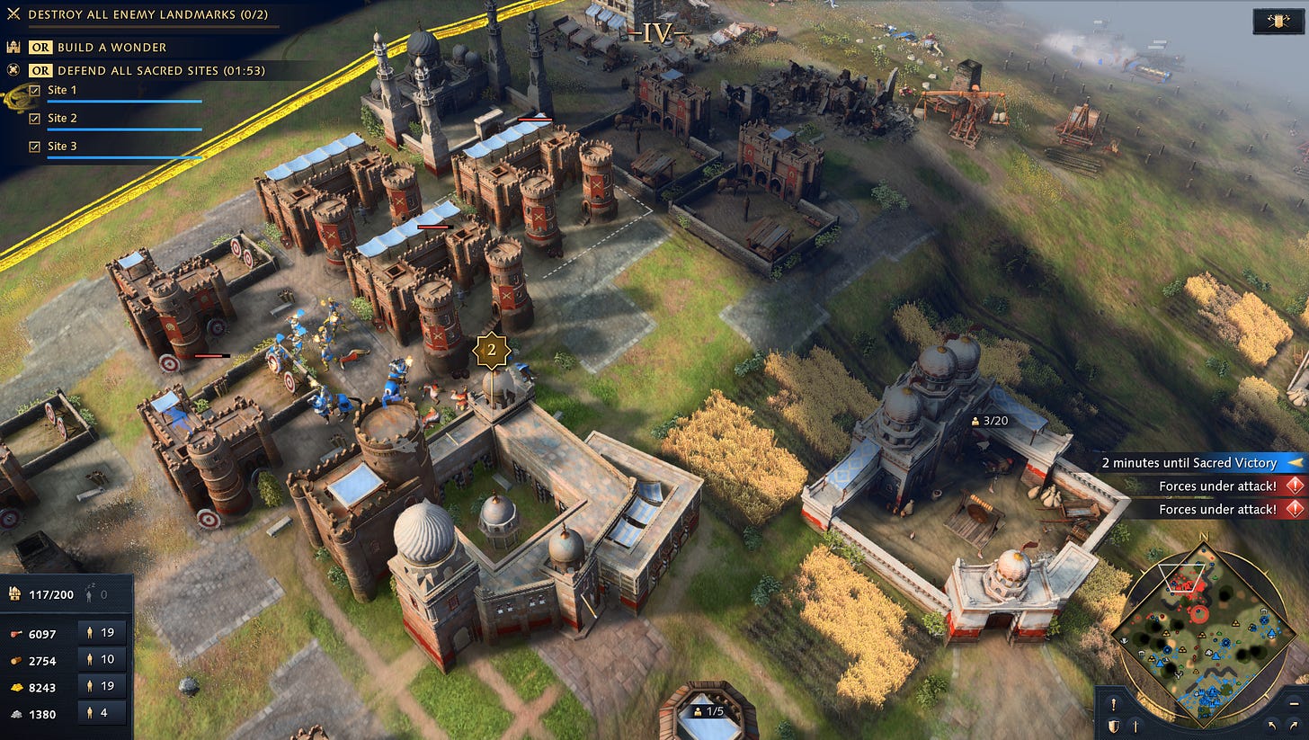 An Abbasid city in Age of Empires IV. Visible is a Town Center, a House of Wonders, a mosque, three barracks, three archery ranges, and two stables, plus rubble.