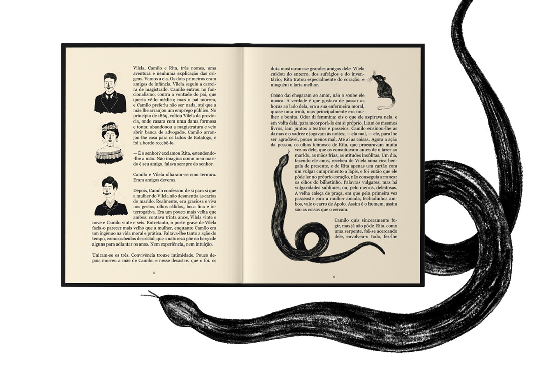 Imagem de um livro aberto com páginas em cor sépia, fonte preta e ilustrações também em preto dos personagens do conto A Cartomante. Ao redor do livro, uma ilustração de serpente preta.