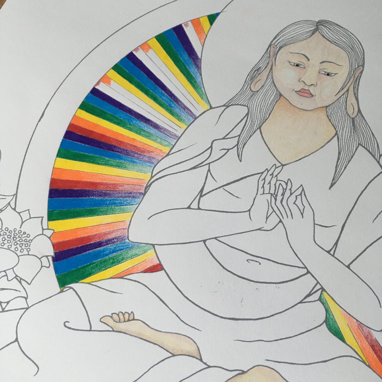 Another photo of the progress of the radiance lines being coloured in behind the seated Vairochana Buddha. The lines are almost complete now, done in rainbow colours with just a few red and orange ones left. 