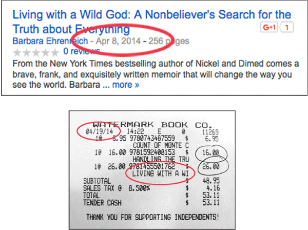Screenshots showing an announcement for release of the book on 4/18/14 and my receipt dated 4/19/14.