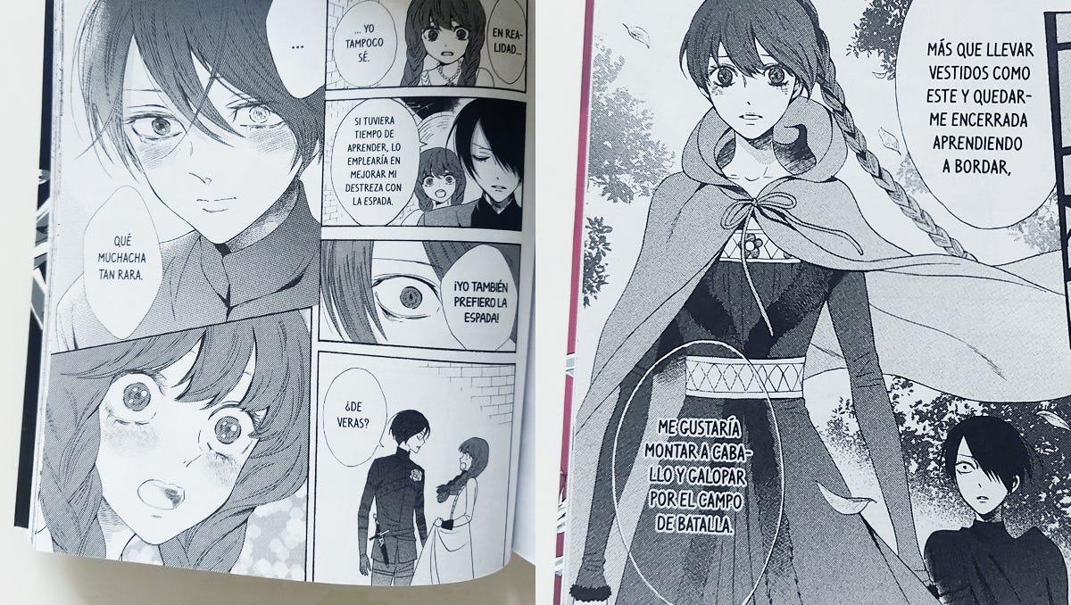 Comparación de dos páginas del manga donde Anne declara que no le gustan las aficiones "femeninas" como bordar, y que prefiere dedicarse a montar a caballo o practicar con la espada.
