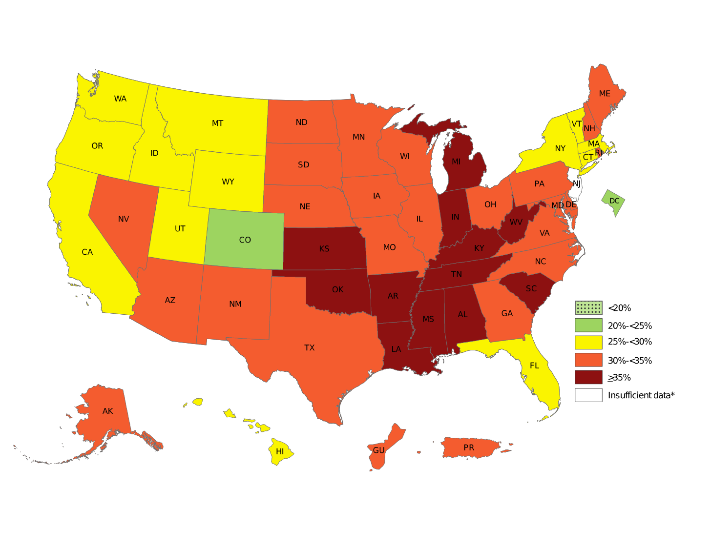 Prevalence of Self-Reported Obesity Among U.S. Adults by State and Territory, BRFSS, 2018. See map details in table below.