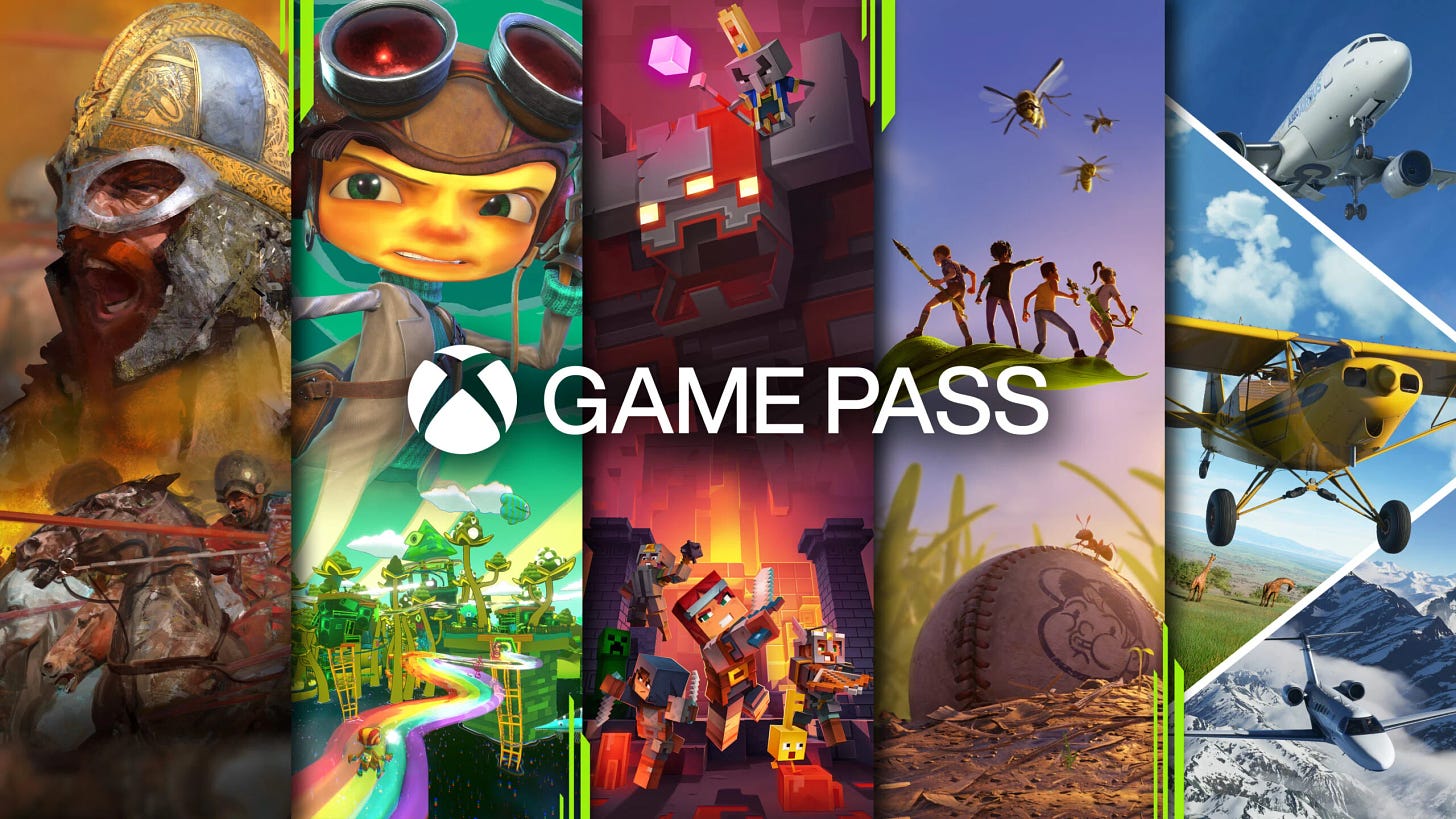 Xbox Game Pass logo layered on several game screenshots