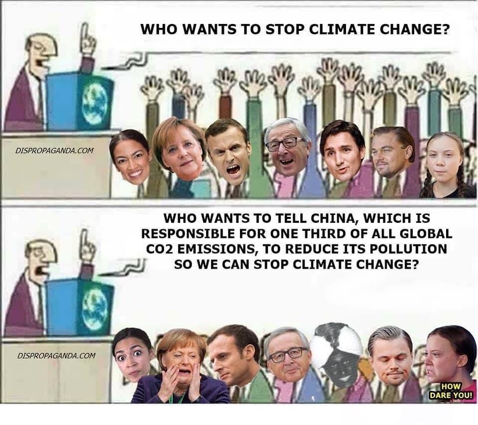 May be a cartoon of 13 people and text that says 'WHO WANTS το STOP CLIMATE CHANGE? DISPROPAGANDA.COM WHO WANTS το TELL CHINA, WHICH IS RESPONSIBLE FOR ONE THIRD OF ALL GLOBAL CO2 EMISSIONS, το REDUCE ITS POLLUTION so WE CAN STOP CLIMATE CHANGE? DISPROPAGANDA.COM HOW DARE YOU!'