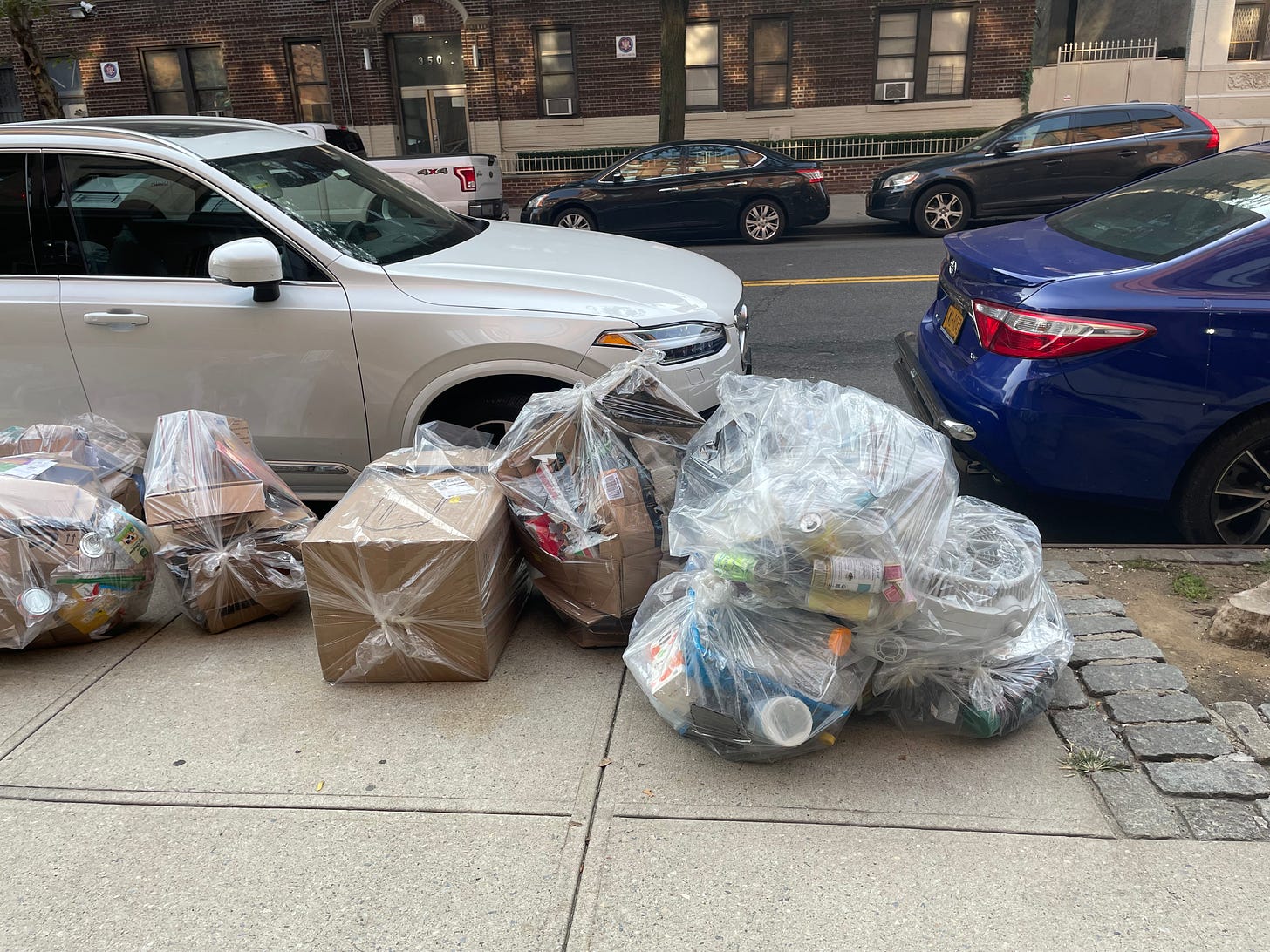 Bags of recycling on the sidewalk in New York City
